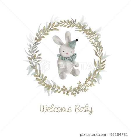 Watercolor welcome baby card with green leaves wreath, plush toy bunny. Isolated on white background. Hand drawn clipart. Perfect for card, postcard, tag, invitation, printing, wrapping. 95184781