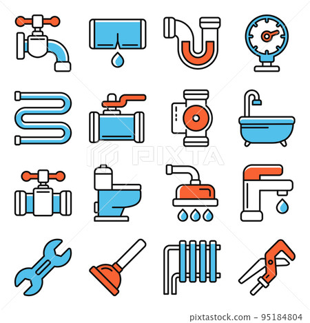 Plumbing Icons Set on White Background. Vector 95184804