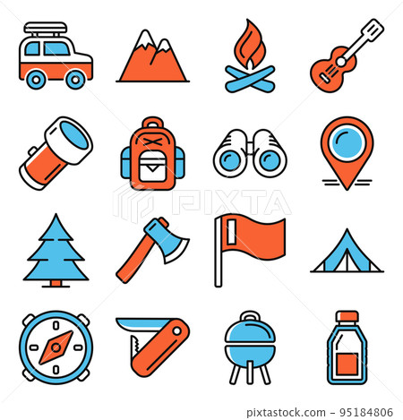 Hiking and Camping Icons Set on White Background. Vector 95184806