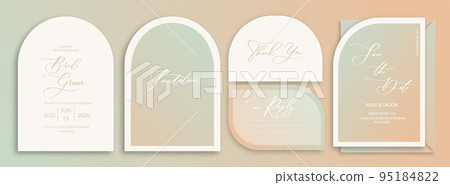 Luxury arch wedding invitation card background in delicate pink and green shades. Abstract art background vector design for wedding and vip cover template. Luxury arch wedding invitation card background in delicate pink and green shades. Abstract art background vector design for wedding and vip cover template. 95184822