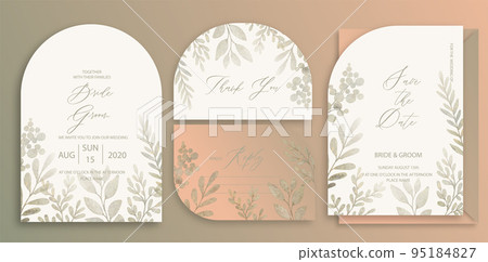 Luxury arch wedding invitation card background with green watercolor botanical leaves. Abstract floral art background vector design for wedding and vip cover template. Luxury arch wedding invitation card background with green watercolor botanical leaves. Abstract floral art background vector design for wedding and vip cover template. 95184827