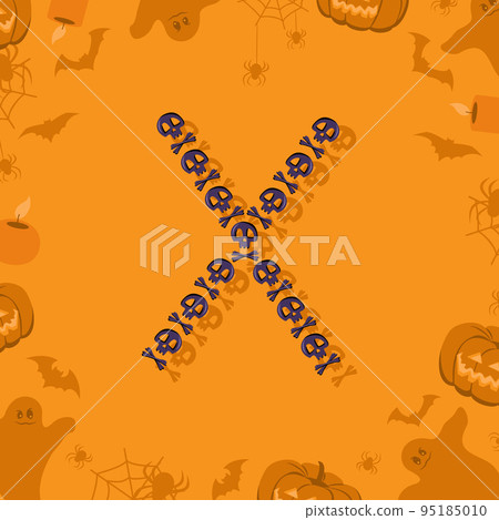 Halloween letter X from skulls and crossbones for design. Festive font for holiday and party on orange background with pumpkins, spiders, bats and ghosts 95185010