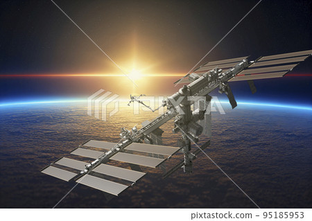 International space station on orbit of Earth planet. ISS. Dark background. Elements of this image furnished by NASA. International space station on orbit of Earth planet. ISS. Dark background. Elements of this image furnished by NASA. 95185953