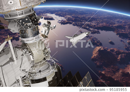 International space station on orbit of Earth planet. ISS. Dark background. Elements of this image furnished by NASA. 95185955