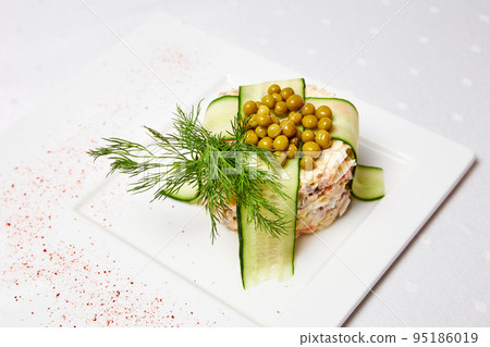 Olivie salad with veal, boiled vegetables and capers. Close-up, selective focus Olivie salad with veal, boiled vegetables and capers. Close-up, selective focus 95186019