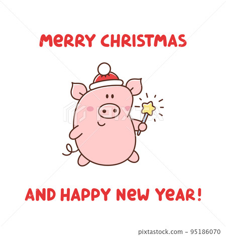 Cute pigin in a Santa Claus hat with Bengal fire Cute pigin in a Santa Claus hat with Bengal fire 95186070