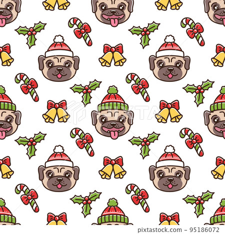 Cute seamless pattern with dog breed pug in christmas hat, with mistletoe, bell and lollipop 95186072