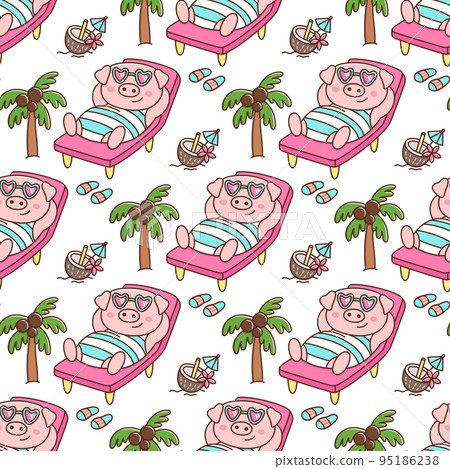 Tropical seamless pattern with Pig in swimsuit and glasses, with coconut cocktail 95186238