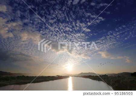 一群鳥兒在秋天的早晨天空中飛翔,各種雲彩/超廣角/天空主要/221001am 一群鳥兒在秋天的早晨天空中飛翔,各種雲彩/超廣角/天空主要/221001am 95186503