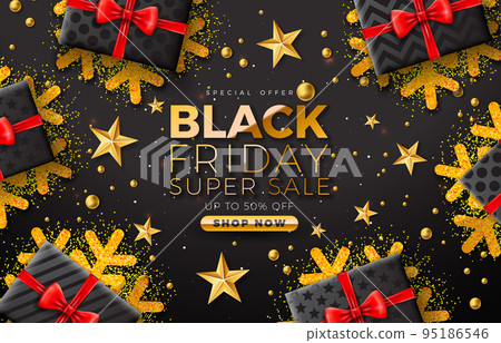 Black Friday Super Sale Illustration with Golden Snowflakes and Gold Text Lettering on Dark Background. Vector New Year and Christmas Design Template for Greeting Card, Flyer, Banner, Celebration 95186546
