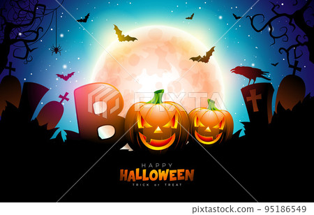 Happy Halloween Illustration with Pumpkin and Flying Bats on Night Cemetery Background. Vector Autumn Holiday Design Template for Greeting Card, Flyer, Banner, Celebration Poster or Party Invitation. Happy Halloween Illustration with Pumpkin and Flying Bats on Night Cemetery Background. Vector Autumn Holiday Design Template for Greeting Card, Flyer, Banner, Celebration Poster or Party Invitation. 95186549