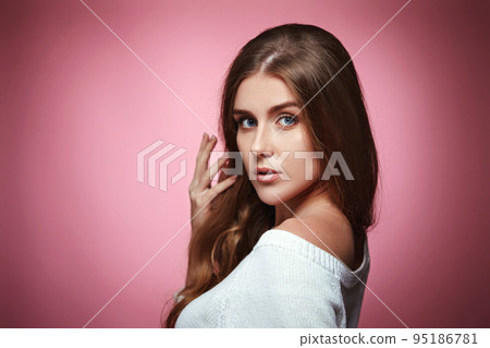 lovely woman with strong healthy curly hair lovely woman with strong healthy curly hair 95186781