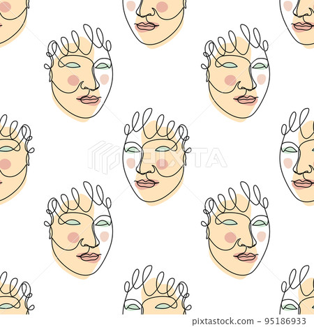 Seamless pattern with black single line drawings of female face and abstract shapes Seamless pattern with black single line drawings of female face and abstract shapes 95186933