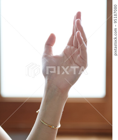 Photo of a young woman's left hand taken indoors 95187080