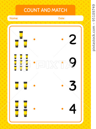 Count and match game with acrylic paint. worksheet for preschool kids, kids activity sheet Count and match game with acrylic paint. worksheet for preschool kids, kids activity sheet 95189749