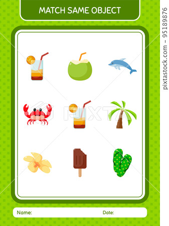 Match with same object game summer icon. worksheet for preschool kids, kids activity sheet Match with same object game summer icon. worksheet for preschool kids, kids activity sheet 95189876