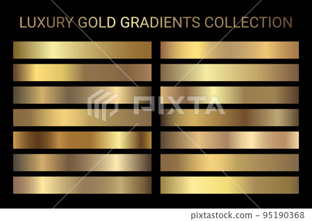 Luxury gold gradients collection vector. Golden gradients set of metallic festive gold vector colors. For Christmas cards, banners, fonts, New Year Eve party flyers, invitation card design 95190368