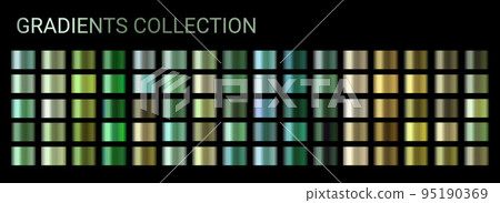 Green chrome gradient set vector colorful palette of metallic colors. Holographic background green, emerald, olive color swatch template for banner, mobile, car. Metal gradient vector design 95190369