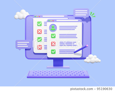 Checklist on desktop PC, 3d render illustration, blue background. Computer with checked tasks. Concept of online survey, exam note, business contract, research form, evaluation document, questionnaire 95190630