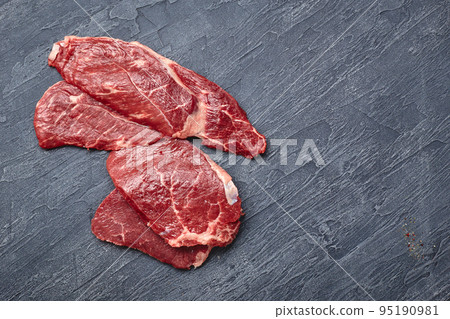 Raw meat beef steak on black top view. Raw meat beef steak on black top view. 95190981