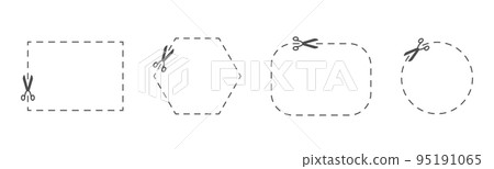 Coupon cut with scissors icon set. Discount line border. Sale sign. Price template. Paper school frame. Clipart design. Silhouette web banner. Cinema festival ticket label. Vector illustration 95191065