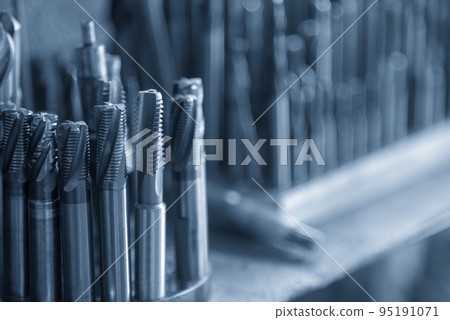 Close-up scene the group of used cutting tools for CNC milling machine. Close-up scene the group of used cutting tools for CNC milling machine. 95191071