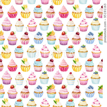 Watercolor seamless pattern with cupcakes isolated on white background. Hand drawn watercolor illustration. Watercolor seamless pattern with cupcakes isolated on white background. Hand drawn watercolor illustration. 95191163