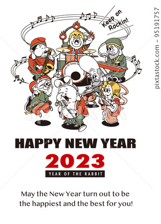 2023 New Year's card template "Shichifukujin Band" Happy New Year with English annotations 95191757