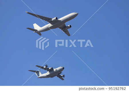 Airplane. Hunt. Hunts. Military vehicle. Spanish Air Force on the day of the National Holiday of October 12 flying over the streets of the city of Madrid. MADRID, SPAIN - OCTOBER 12, 2022. 95192762