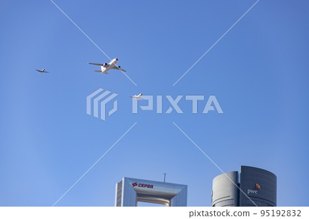 Airplane. Hunt. Hunts. Military vehicle. Spanish Air Force on the day of the National Holiday of October 12 flying over the streets of the city of Madrid. MADRID, SPAIN - OCTOBER 12, 2022. 95192832