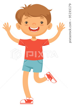 Happy boy jumping. Active smiling kid character Happy boy jumping. Active smiling kid character 95193179