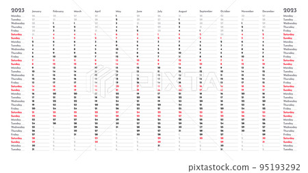 Simple linear calendar yearly planner template for 2023 with vertical month grid and highlighted weekends 95193292