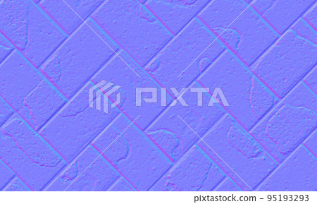 Normal map of herringbone pavement with textured cracked old rectangular bricks 95193293