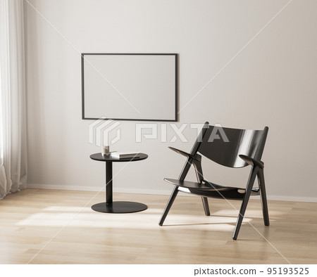 horizontal poster frame mockup on white wall, black chair and coffee table, 3d render horizontal poster frame mockup on white wall, black chair and coffee table, 3d render 95193525