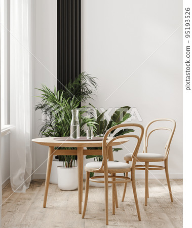 Dining table with wooden chairs near window, modern home interior, 3d rendering Dining table with wooden chairs near window, modern home interior, 3d rendering 95193526