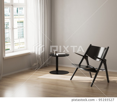 Black chair and coffee table near window with curtains, white wall, wooden floor, 3d render Black chair and coffee table near window with curtains, white wall, wooden floor, 3d render 95193527