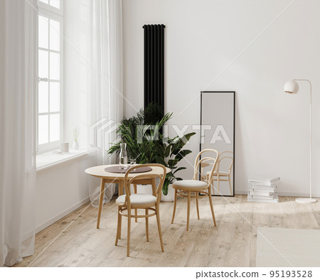 Modern room interior with white wall and wooden floor, dining table near window, mirror and radiator, 3d render Modern room interior with white wall and wooden floor, dining table near window, mirror and radiator, 3d render 95193528
