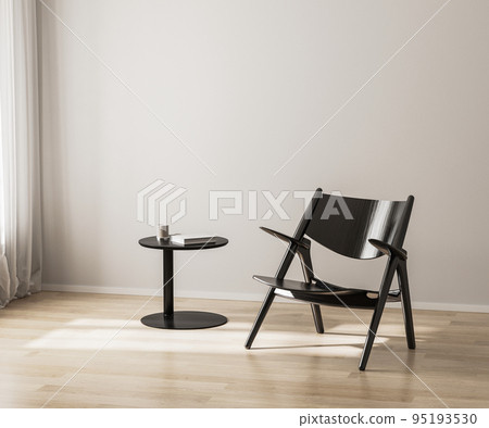 Black chair and black coffee table with book on wooden floor, white wall, 3d render 95193530