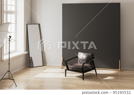 Modern photo studio with professional lightning equipment, black background, 3d render Modern photo studio with professional lightning equipment, black background, 3d render 95193532
