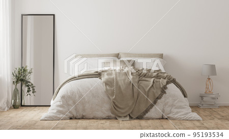 Bedroom interior with bed, mirror and decor, home interior mockup, 3d render Bedroom interior with bed, mirror and decor, home interior mockup, 3d render 95193534