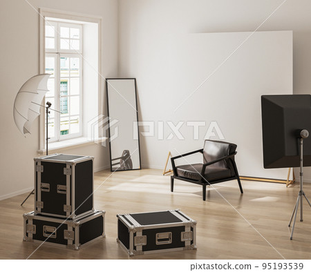 Interior of modern photo studio with professional lightning equipment, room with winow and armchair, fotostudio, 3d render Interior of modern photo studio with professional lightning equipment, room with winow and armchair, fotostudio, 3d render 95193539