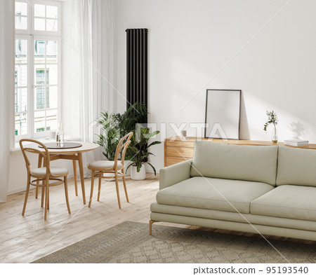 Modern living room interior with beige sofa, dining table, chest of drawers with poster frame, rug, radiator, 3d render Modern living room interior with beige sofa, dining table, chest of drawers with poster frame, rug, radiator, 3d render 95193540