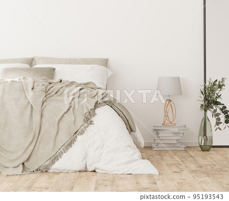 Home interior background, cozy white bedroom with bed with pillow and blanket, lamp and mirror,scandinavian style, 3d render Home interior background, cozy white bedroom with bed with pillow and blanket, lamp and mirror,scandinavian style, 3d render 95193543