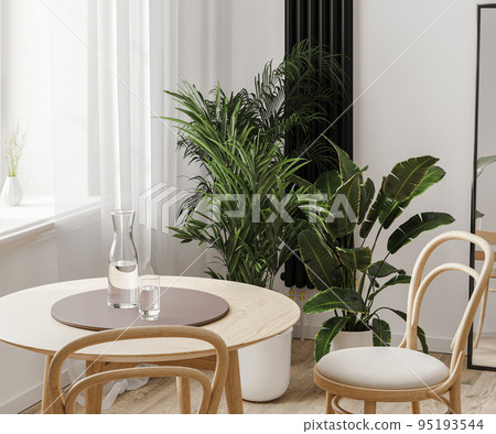 Close up of dining table near window and green plants in pots, home interior, 3d rendering Close up of dining table near window and green plants in pots, home interior, 3d rendering 95193544