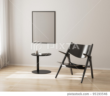 Poster frame mockup on white wall, black chair and coffee table, 3d render Poster frame mockup on white wall, black chair and coffee table, 3d render 95193546