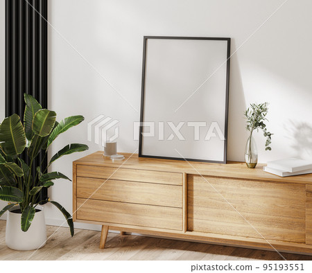 poster frame mockup on wooden chest of drawers with decor, white wall, 3d rendering poster frame mockup on wooden chest of drawers with decor, white wall, 3d rendering 95193551