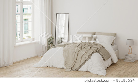 modern bedroom interior, white bed and beige blanket, mirror, wooden floor, parisian style, 3d render modern bedroom interior, white bed and beige blanket, mirror, wooden floor, parisian style, 3d render 95193554