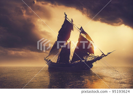 Pirate ship in storm with torn sails. 95193624