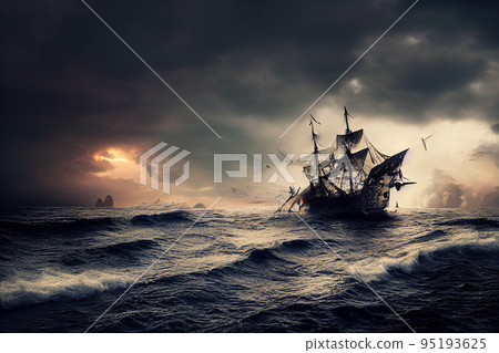 Pirate ship in storm with torn sails. 95193625