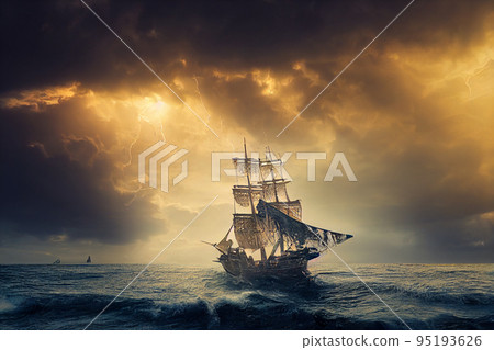 Pirate ship in storm with torn sails. Pirate ship in storm with torn sails. 95193626